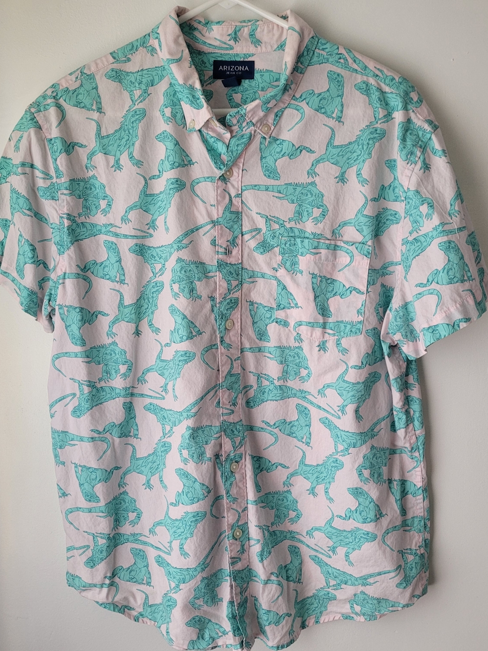 Arizona Jean Company Mint Green Lizard Print Short-Sleeve Button-Down Shirt L